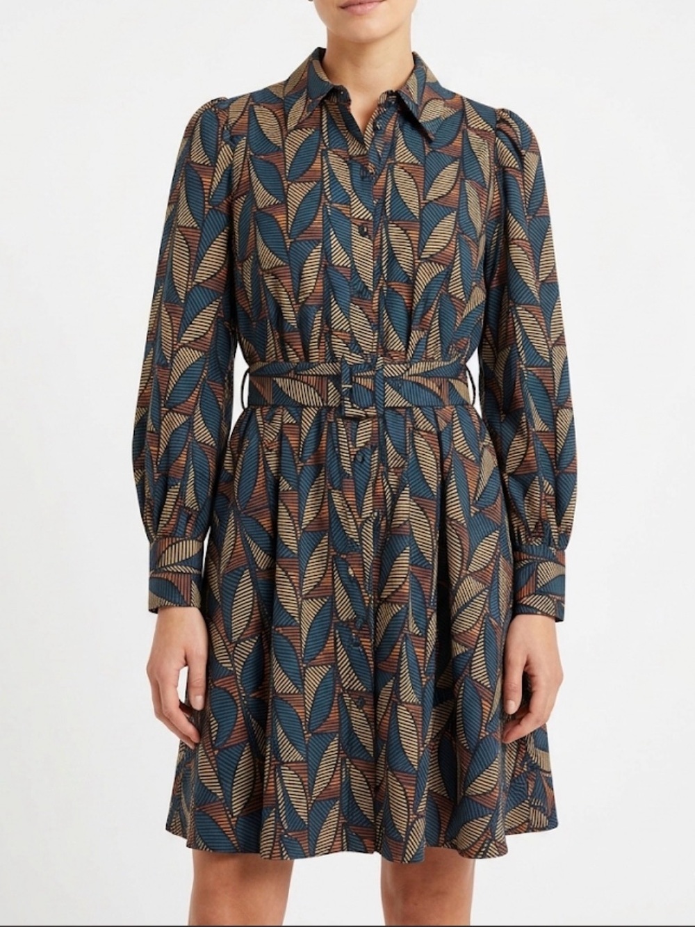 Forcast Lela Printed Shirt Long-Sleeve Printed Belted Dress in Green and Rust